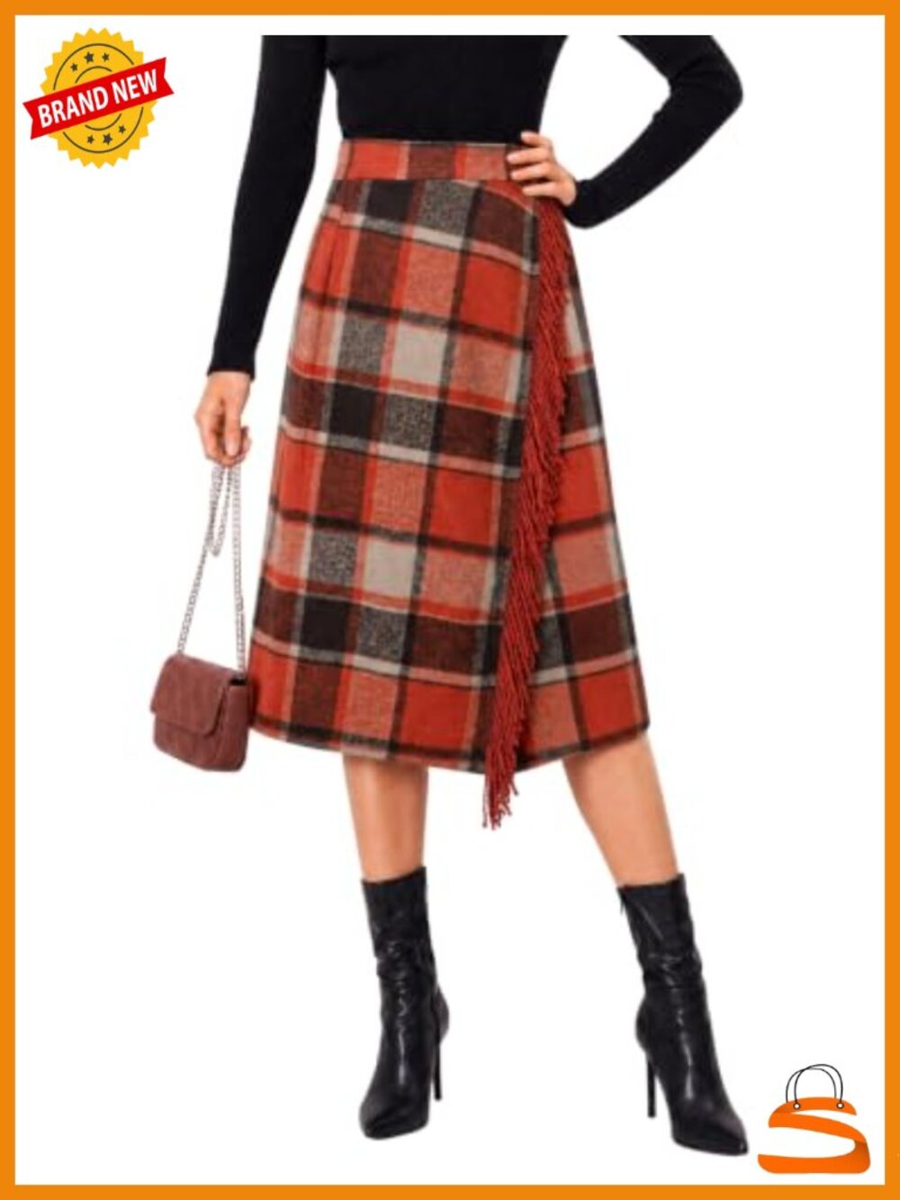 Wool Blend Plaid Wrap Midi Skirt A-Line Fringe Side Slit